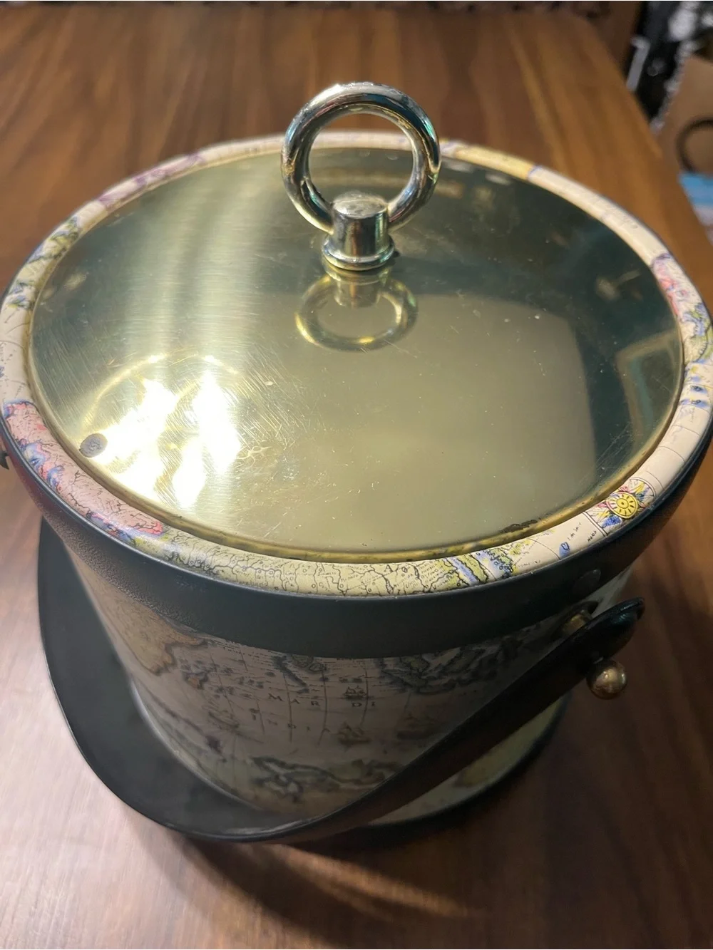 Decorative Brass-Lid Map Print Accent Ice  Bucket Cream and Gold